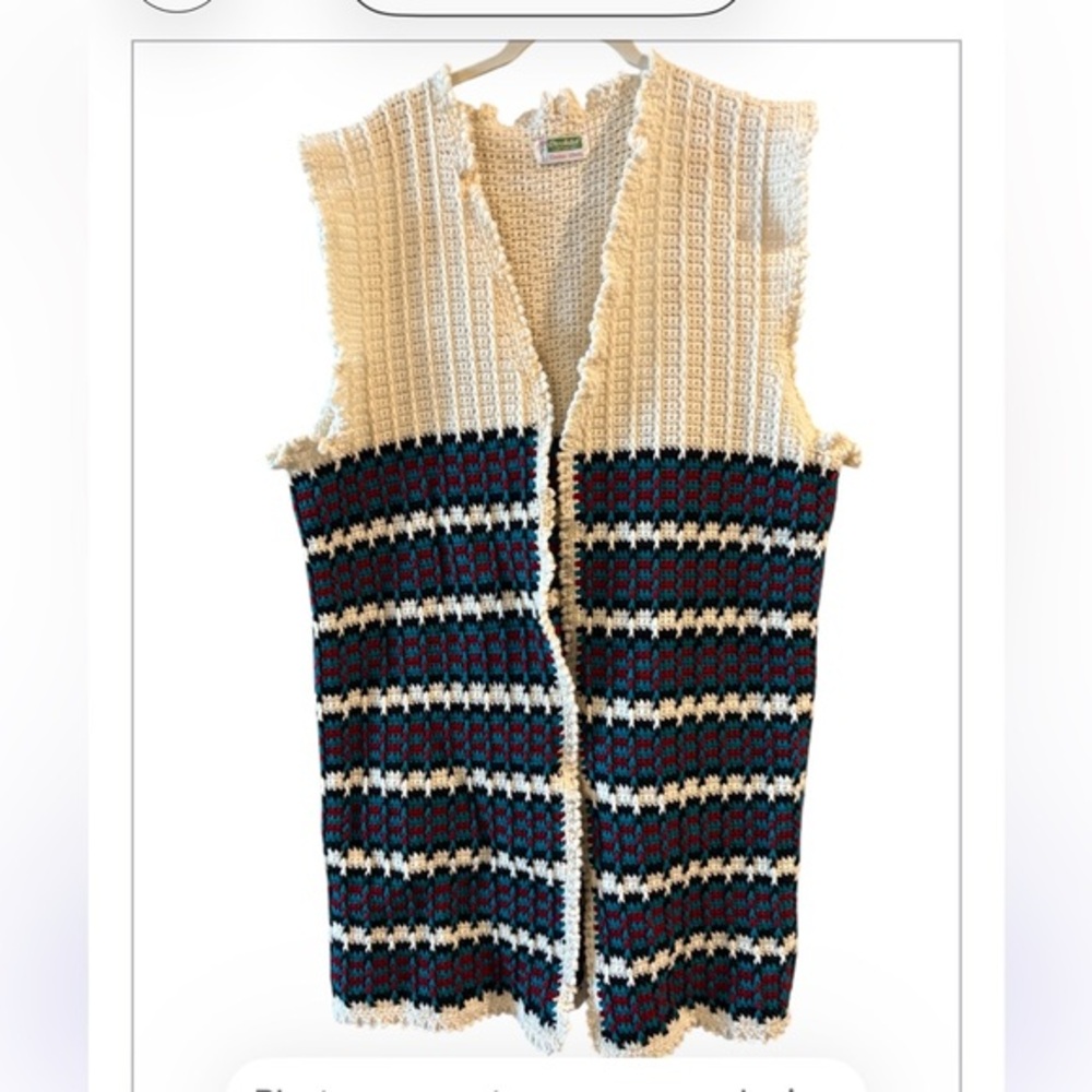 Handmade Crotchet Cream Striped Open Cardigan With Lettuce Edge Detail